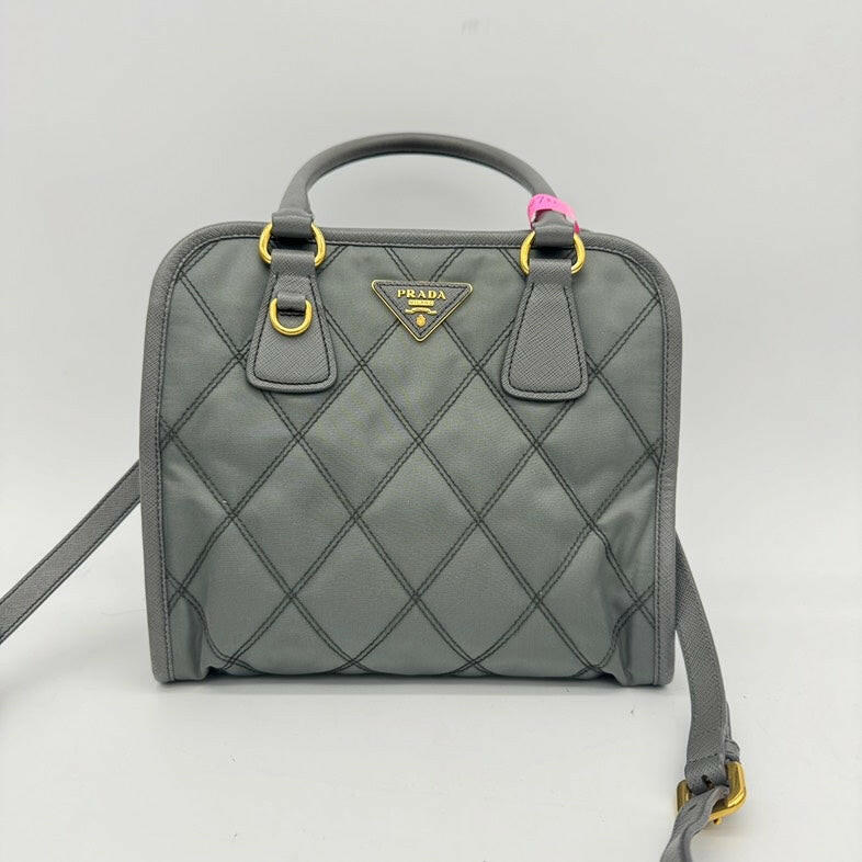 Prada Grey Quilted Tessuto Nylon Medium 2-Way Tote Bag with Detachable Strap.