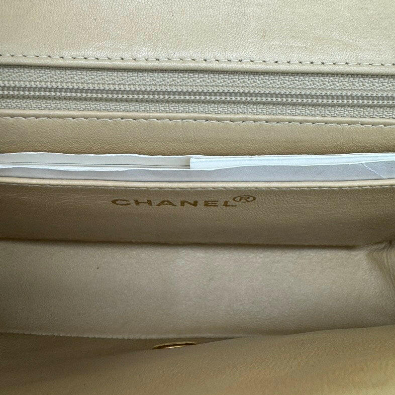 Chanel Vintage Beige Lambskin Single Flap Bag with Gold Hardware and Chain Strap - Medium Size.