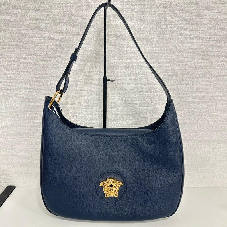 Versace Navy Leather Hobo Bag With Gold Medusa Logo - Medium Size.