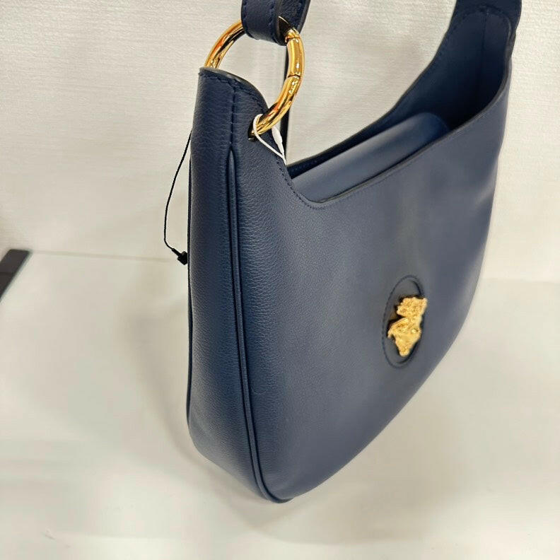 Versace Navy Leather Hobo Bag With Gold Medusa Logo - Medium Size.