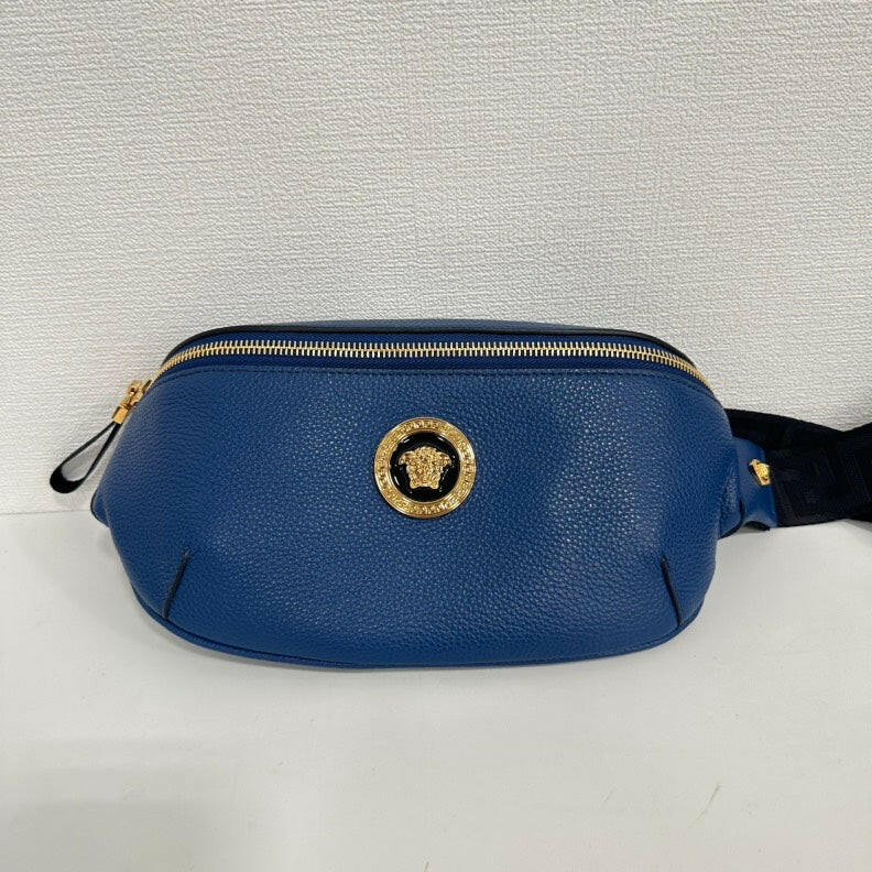 Versace Blue Leather Bumbag with Gold Medusa Detail.