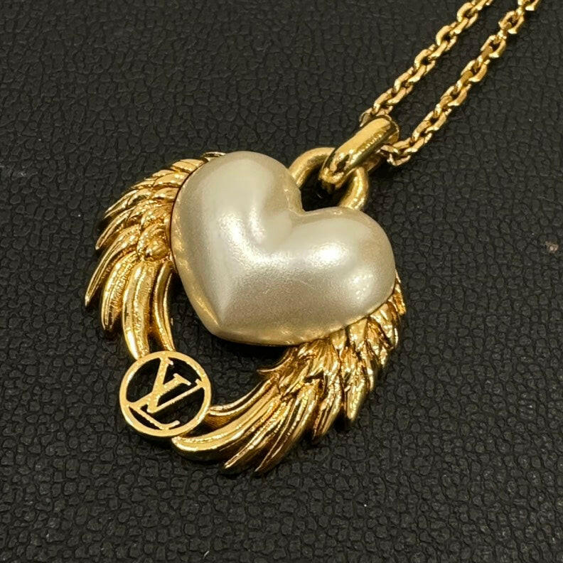 Louis Vuitton Heart Wings Gold Necklace - Pearl Heart Pendant.