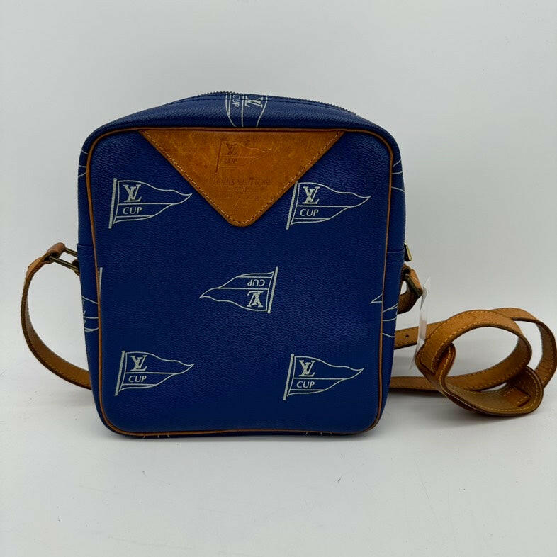 Pre-Owned Louis Vuitton Blue Cup Canvas Crossbody Bag Brown Leather Strap.