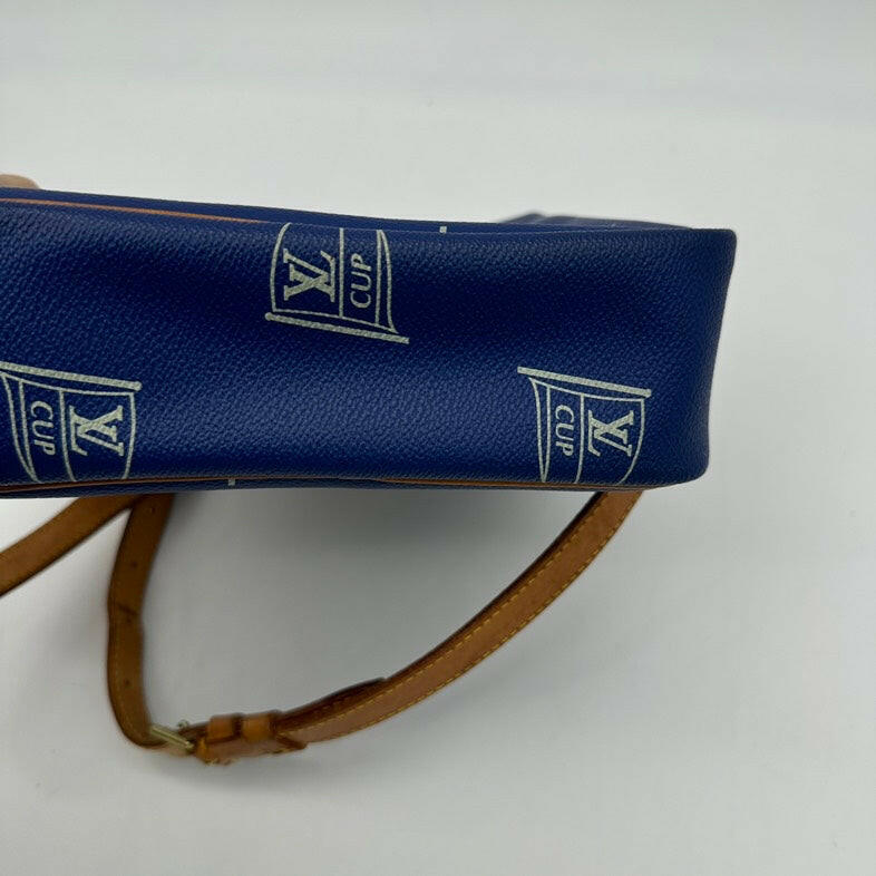 Pre-Owned Louis Vuitton Blue Cup Canvas Crossbody Bag Brown Leather Strap.