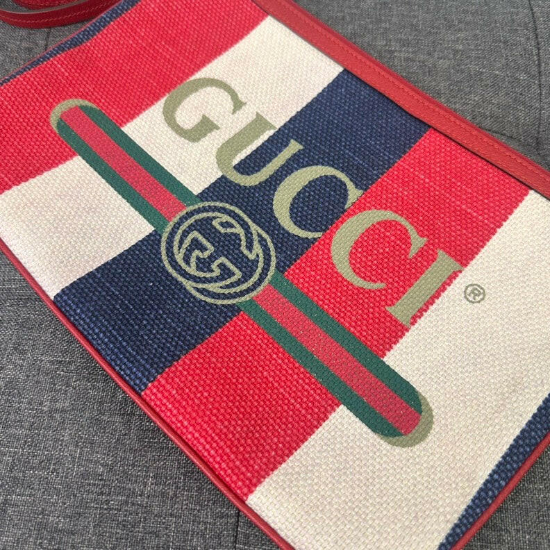 Gucci Canvas Leather Clutch Red, White, Blue Stripes 8"x11" Zipper Closure Clutch Bag.