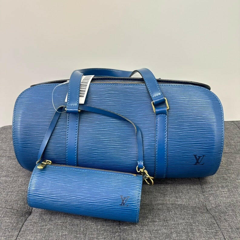 Louis Vuitton Epi Leather Papillon Medium Blue Handbag with Pouch.