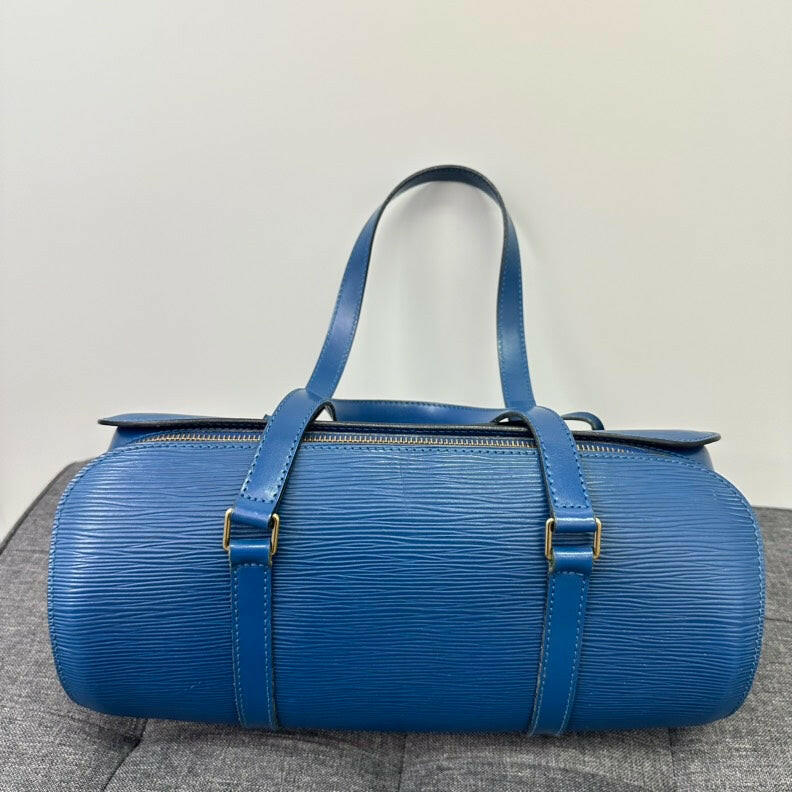 Louis Vuitton Epi Leather Papillon Medium Blue Handbag with Pouch.