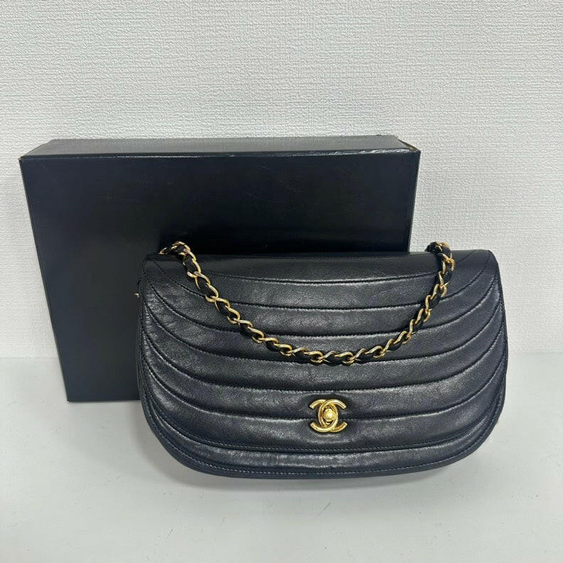 Chanel Vintage Black Lambskin Half Moon Flap Chain Bag - Medium Size.