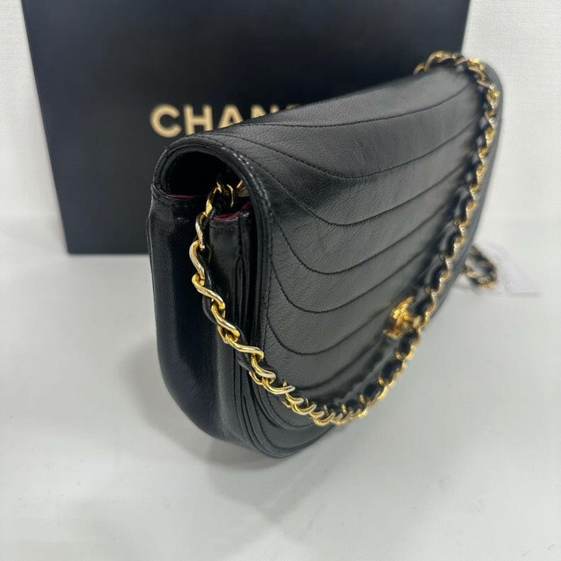 Chanel Vintage Black Lambskin Half Moon Flap Chain Bag - Medium Size.