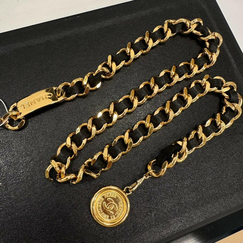 Chanel Vintage Gold and Black Leather Chain Belt 82cm/32”.