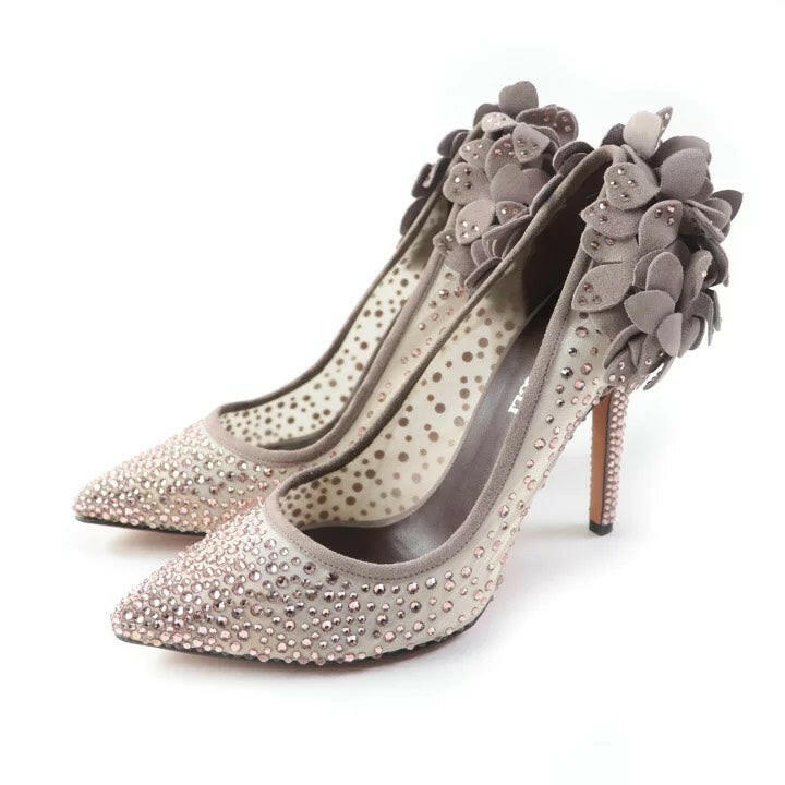 Bruno Magli Women's Taupe Crystalled High Heels with Flower Accents, Size 35.