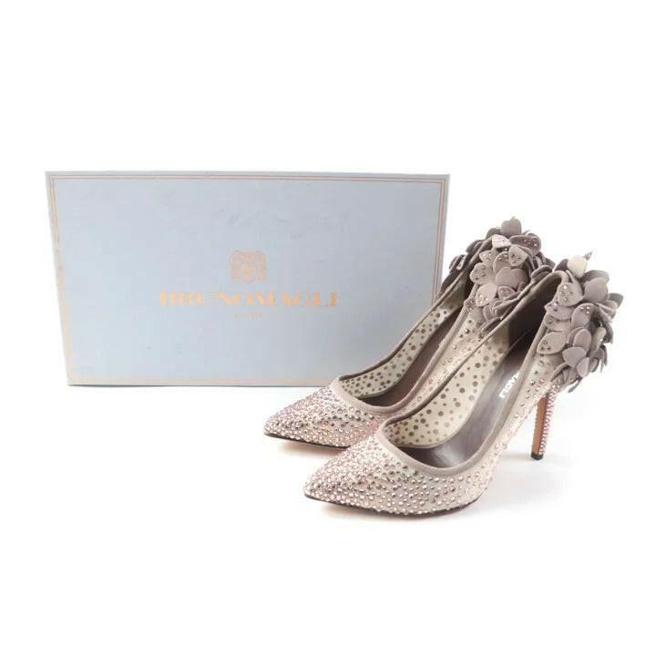 Bruno Magli Women's Taupe Crystalled High Heels with Flower Accents, Size 35.