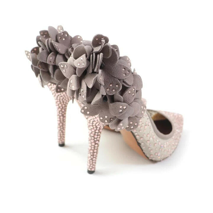 Bruno Magli Women's Taupe Crystalled High Heels with Flower Accents, Size 35.