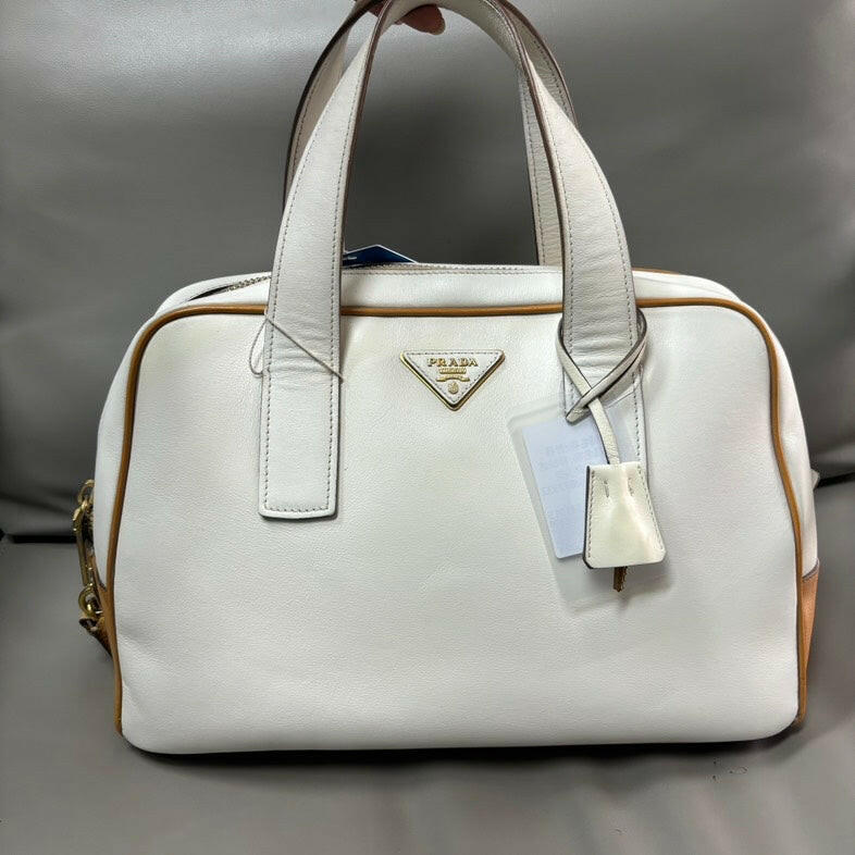 Prada White Leather Medium Bowler Handbag.