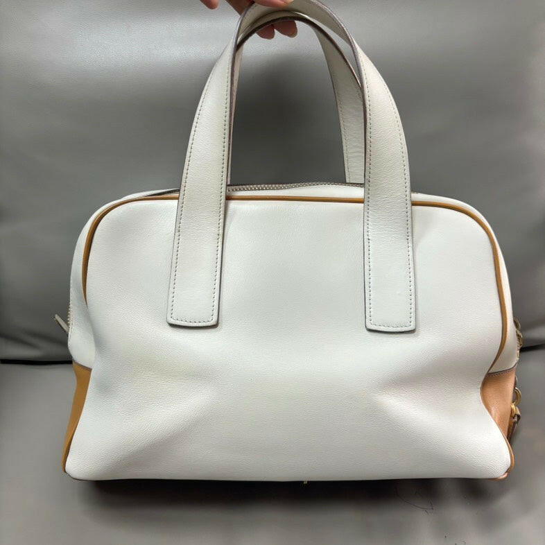 Prada White Leather Medium Bowler Handbag.