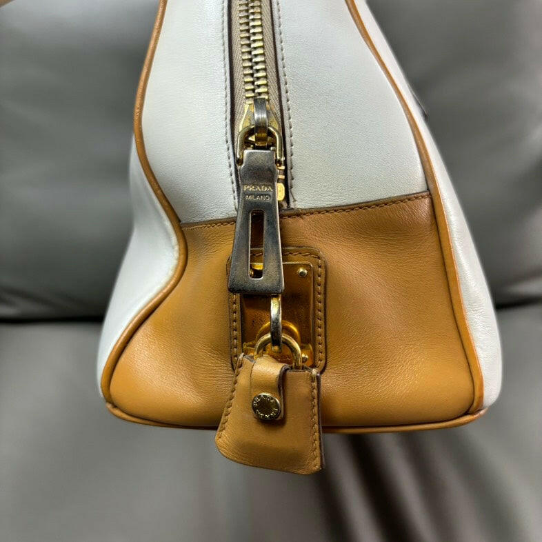 Prada White Leather Medium Bowler Handbag.