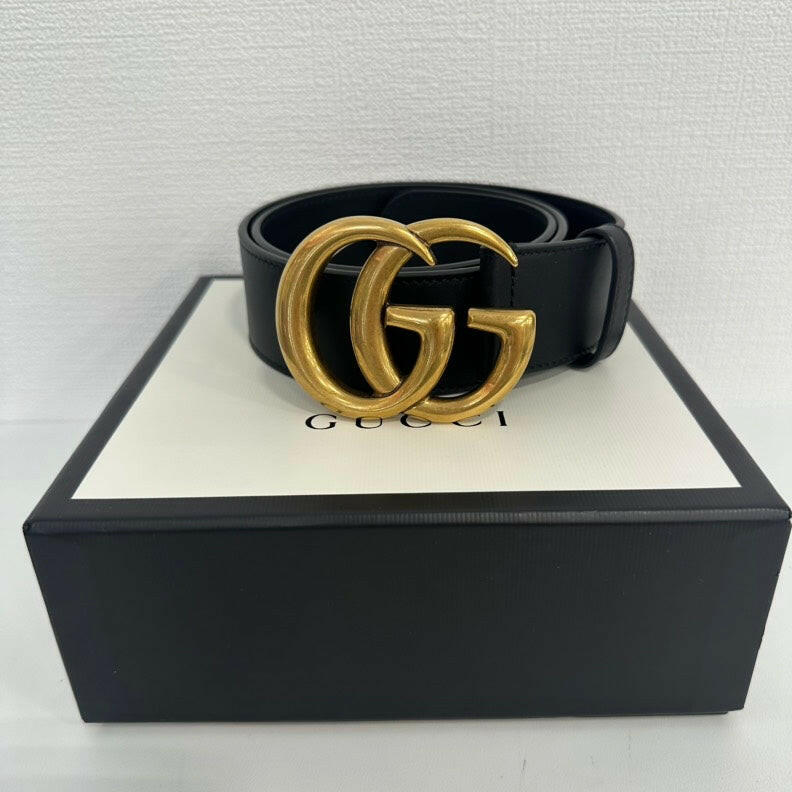 Gucci GG Marmont Black Leather Belt with Gold Buckle, Adjustable 70-80cm (27.5-31.5”).