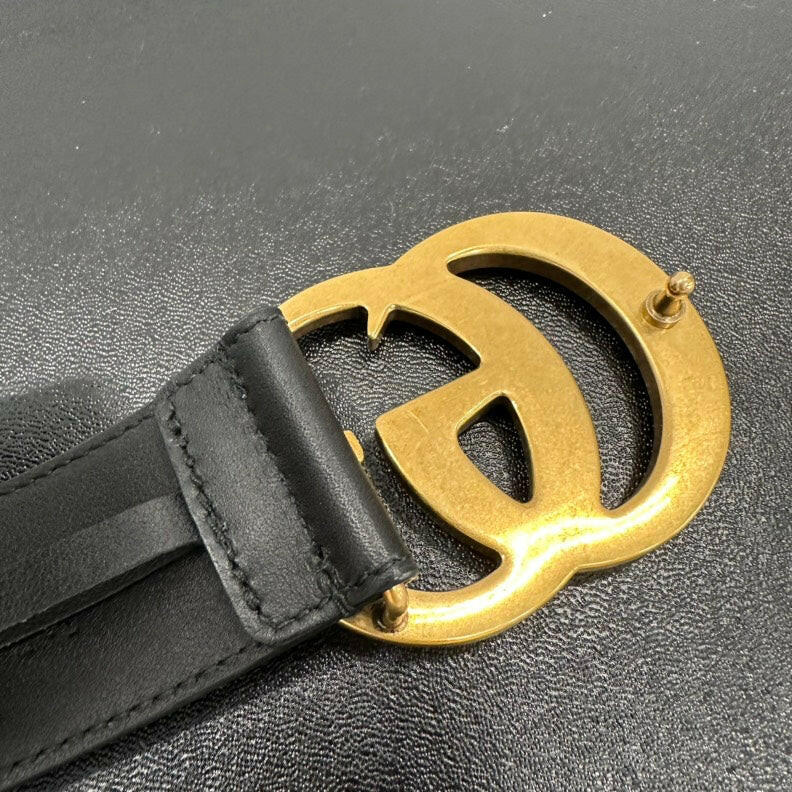 Gucci GG Marmont Black Leather Belt with Gold Buckle, Adjustable 70-80cm (27.5-31.5”).