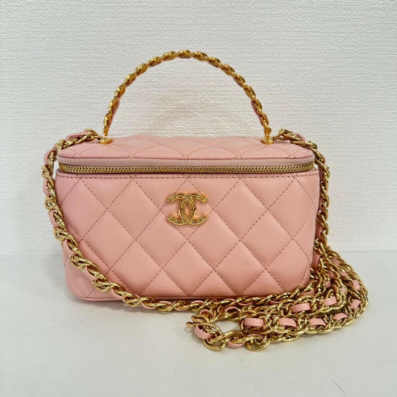 Chanel Lambskin Pink 2-Way Top Handle Vanity Case with Gold Hardware.