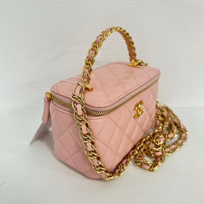 Chanel Lambskin Pink 2-Way Top Handle Vanity Case with Gold Hardware.