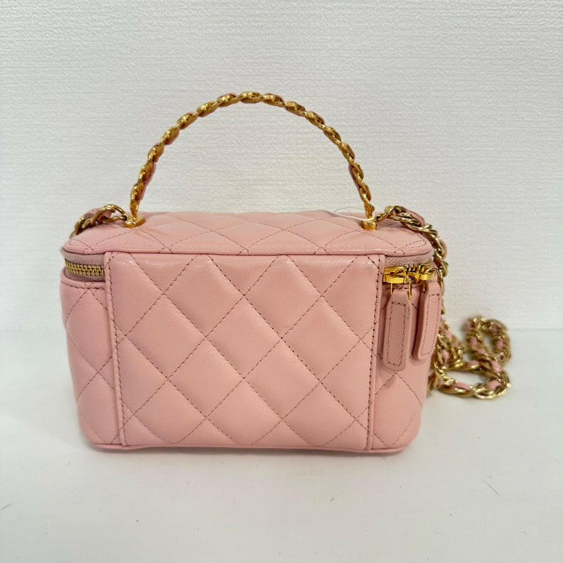 Chanel Lambskin Pink 2-Way Top Handle Vanity Case with Gold Hardware.