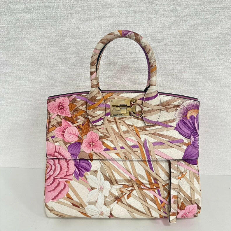 Salvatore Ferragamo Medium Floral Leather 2-Way Bag White Pink Purple.