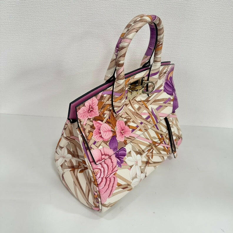 Salvatore Ferragamo Medium Floral Leather 2-Way Bag White Pink Purple.