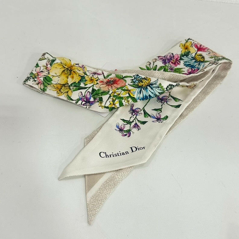 Christian Dior Silk Twilly Scarf with Floral Print, White/Multi-Color, One Size.