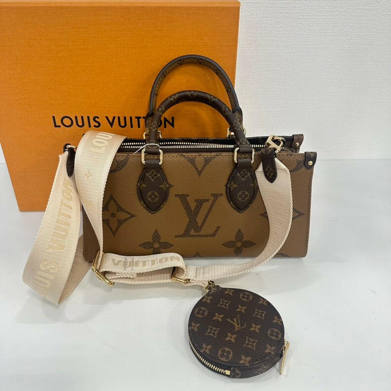 Louis Vuitton On The Go East West 2-Way Bag Brown Monogram with Removable Strap and Coin Purse.