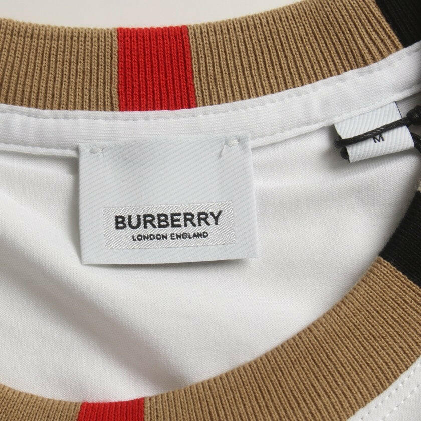 Men's Burberry White T-Shirt with Checked Collar - Size M.