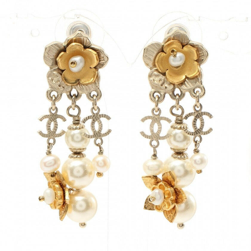 Chanel Gold & Silver Dangling Post Earrings with Pearls and Camellia Flowers.