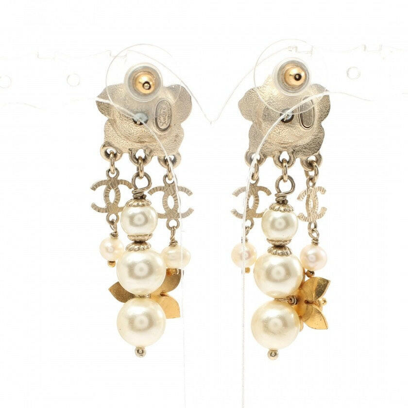 Chanel Gold & Silver Dangling Post Earrings with Pearls and Camellia Flowers.