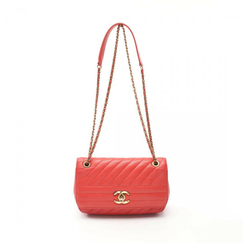 Chanel Chevron Bias Stitch Chain Shoulder Bag Leather Orange Red with Antique Gold Hardware.