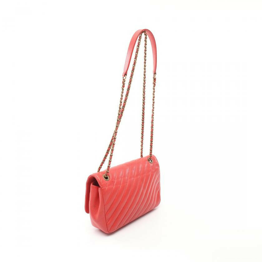 Chanel Chevron Bias Stitch Chain Shoulder Bag Leather Orange Red with Antique Gold Hardware.