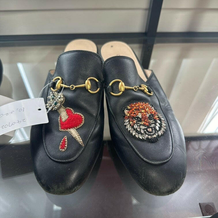 Gucci Black Leather Loafers with Embroidered Tiger and Heart - Size 9/38.5.