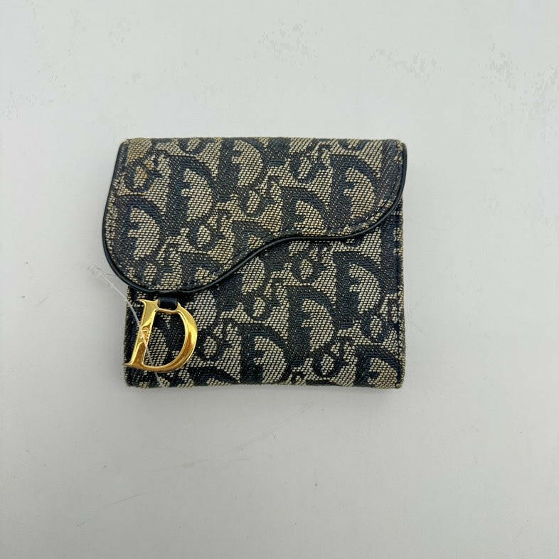 Navy and Beige Dior Canvas Clutch Wallet With Gold Hardware.