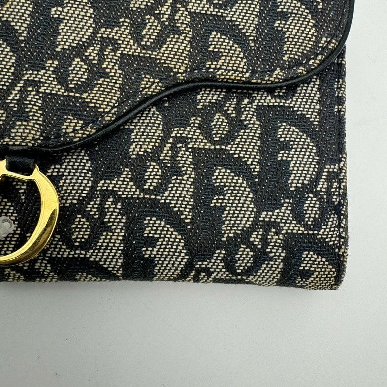 Navy and Beige Dior Canvas Clutch Wallet With Gold Hardware.