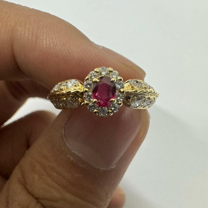 Gold K18 Ruby Ring with Diamonds, Red, 0.27ct center Ruby, 0.58ct Diamonds, 3.9g.