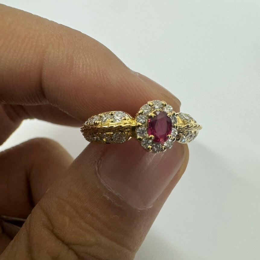 Gold K18 Ruby Ring with Diamonds, Red, 0.27ct center Ruby, 0.58ct Diamonds, 3.9g.