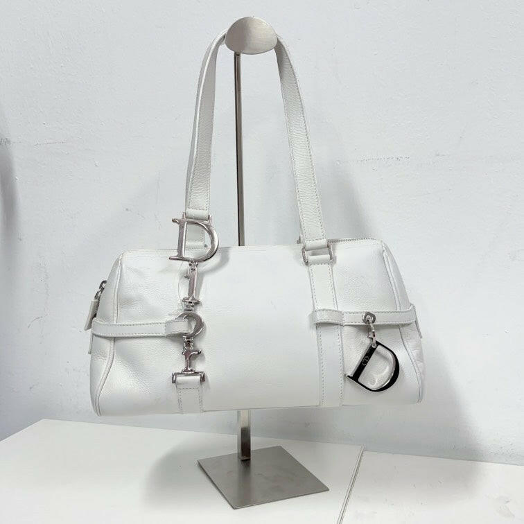 Dior White Leather Handbag with D Charm and Buckle Detail Medium Size.