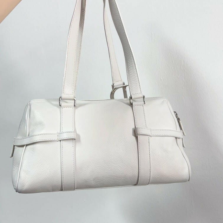 Dior White Leather Handbag with D Charm and Buckle Detail Medium Size.