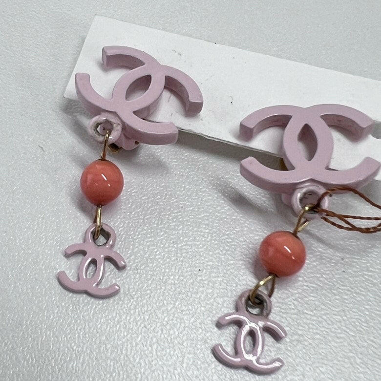 Chanel CC Logo Dangle Earrings in Pink and Coral - Medium Size.