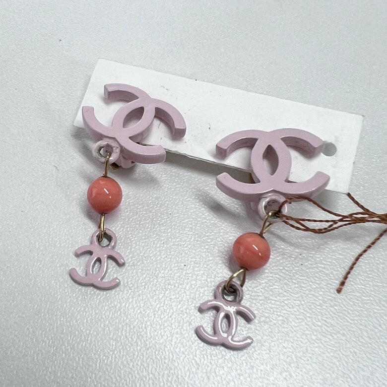 Chanel CC Logo Dangle Earrings in Pink and Coral - Medium Size.