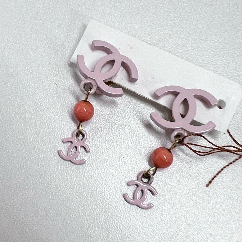 Chanel CC Logo Dangle Earrings in Pink and Coral - Medium Size.