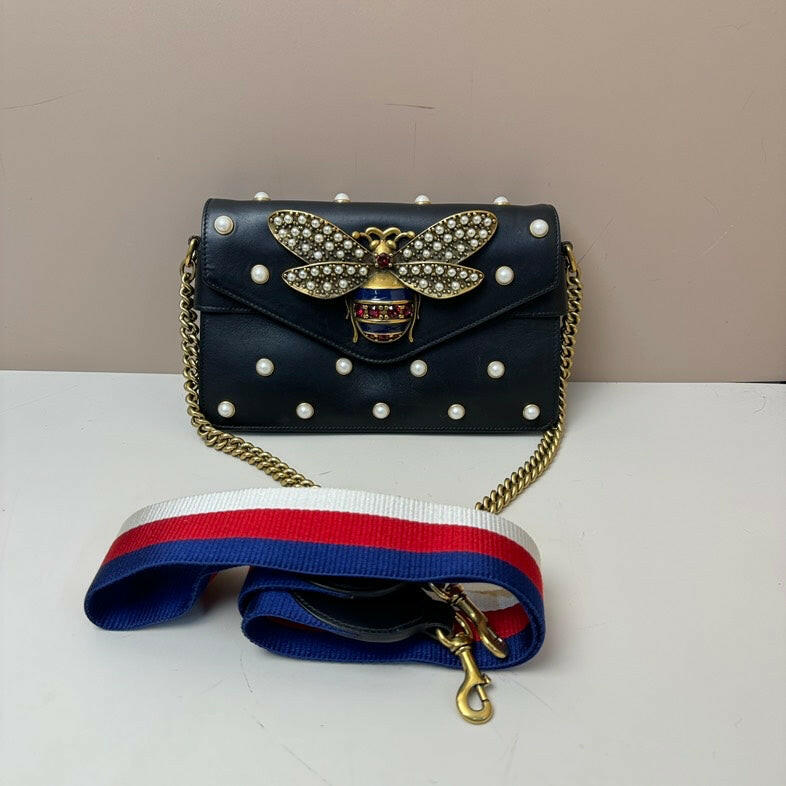 Gucci Bee Pearl 2way Black Leather Bag Small with Gold Chain and Striped Strap.