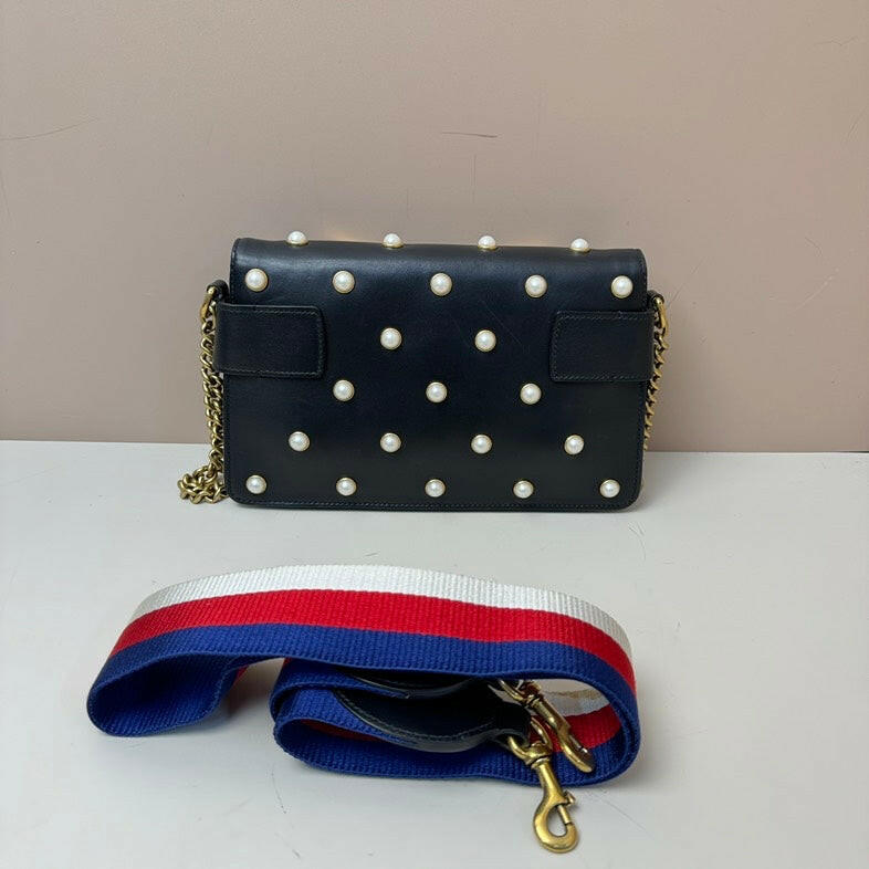 Gucci Bee Pearl 2way Black Leather Bag Small with Gold Chain and Striped Strap.