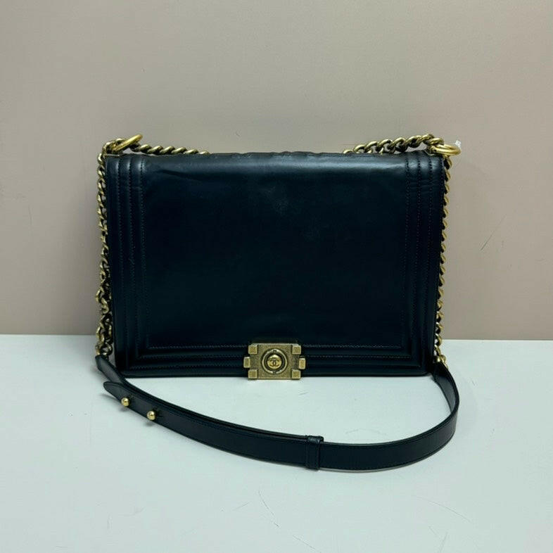 Chanel Boy Lambskin Flap Bag Large Black Gold-Tone Hardware.