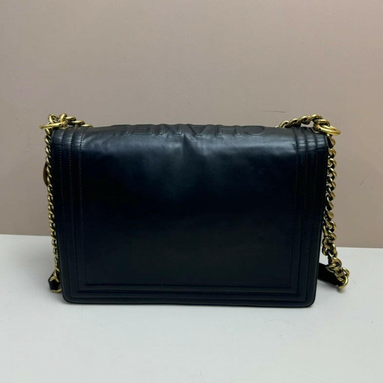 Chanel Boy Lambskin Flap Bag Large Black Gold-Tone Hardware.