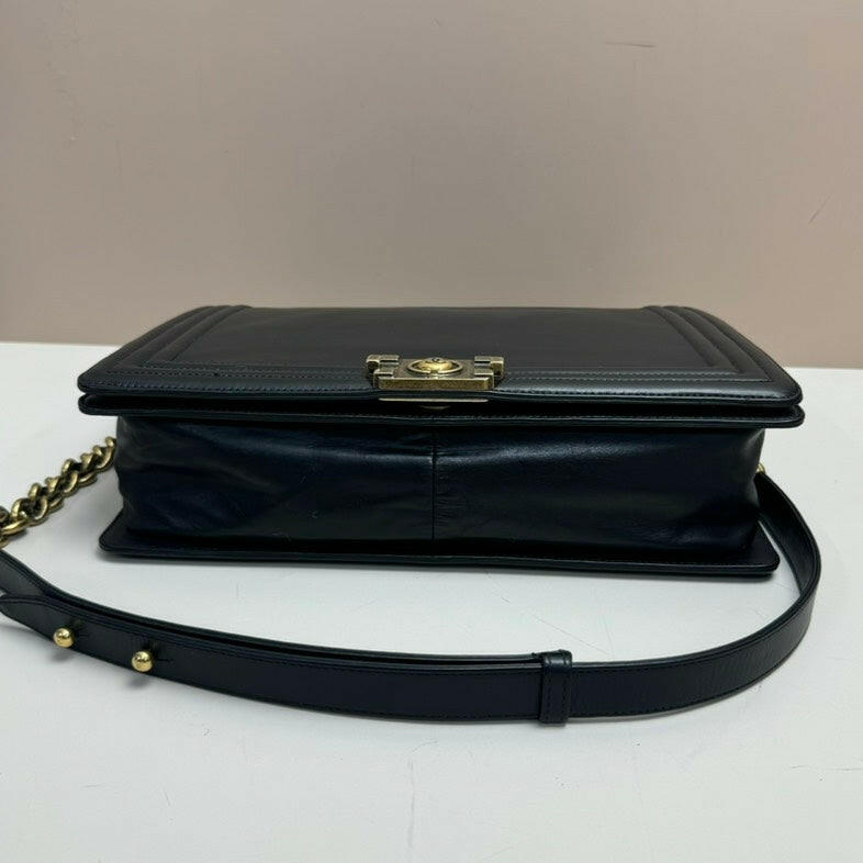 Chanel Boy Lambskin Flap Bag Large Black Gold-Tone Hardware.