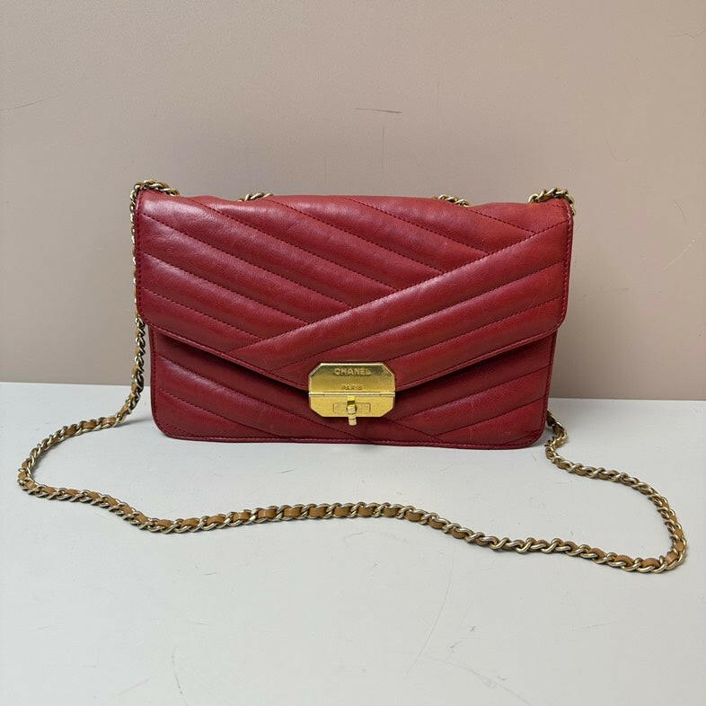 Chanel 2.55 Calfskin Single Flap Bag Red Medium Size with Gold Chain Strap.